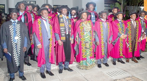 Prof. Nana Aba Appiah Amfo (4th from left), Vice-Chancellor, UG, with Prof. Benedict N.L Calys-Tagoe (3rd from left), HOD, Department of Community Health, UGMS, Prof. Gordon Awandare (2nd from left), Pro-Vice-Chancellor, Academic and Students Affairs, UG, and other officials of the university after the lecture. Picture: ERNEST KODZI