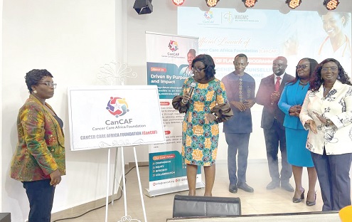 Naomi Oyoe Ohene Oti (left), Executive Director, CanCaF, Dr Hannah Naa Gogwe Ayettey (2nd from left), Consultant Oncologist, Korle Bu Teaching Hospital, and some dignitaries after launching the initiative 