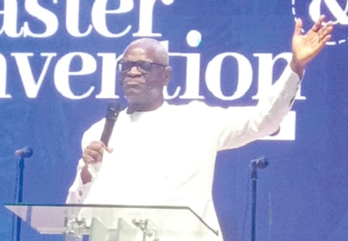 Apostle Joseph Felix Kwesi Mensah, Chairman of the Executive Council of the Great Commission Church, preaching the sermon