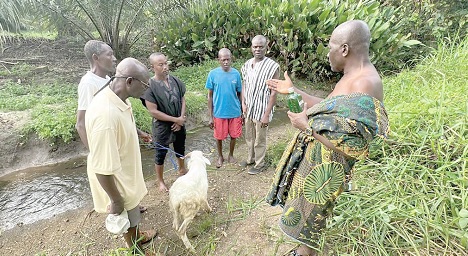 Nana Obugya Asante III (right), Asuminamhene of Juaben, leading the traditional leaders to perform the rites