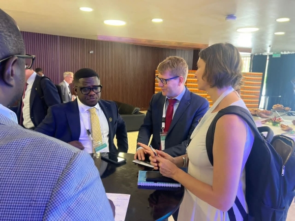 Dr Frederick Appoh,(2nd left)  CEO Ghana Railway Development Authority having a tete-a-tete with some participants  during the EU–Africa Business Forum held in Abidjan.