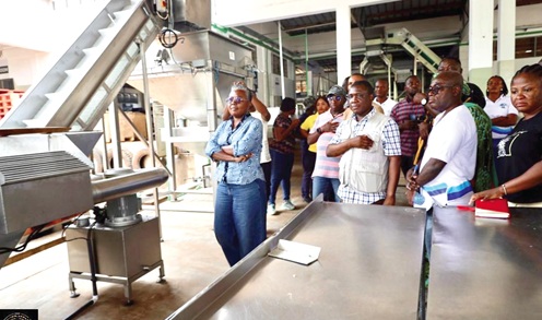 Emelia Arthur (arrowed), the Minister of Fisheries and Aquaculture, inspecting the Machinery used for fish production at Tropo Farms
