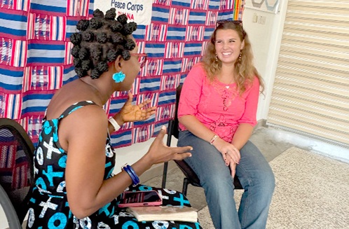 Rian Silcox (right), the Peace Corps Volunteer, sharing her experience with Daily Graphic's Augustina Tawiah