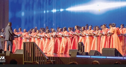 The Harmonious Chorale performing at the concert to celebrate  Dr Joyce Rosalind Aryee (inset).