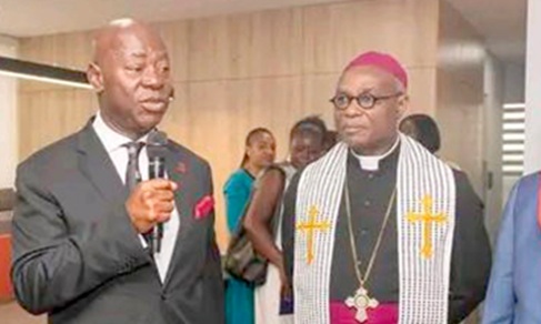 Moses Baiden Jr. (left), Ebusuapanyin of MOBA, speaking at the  inauguration. With him is Prof. Kwabena Asamoah-Gyadu, Presiding Bishop of the Methodist Church Ghana. Picture: SAMUEL OHENE EWUR 