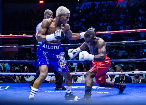 Theophilus Allotey (with belts) reinforced his meteoric rise with a commanding seventh-round stoppage of Namibia’s Jonas Erastus last Friday night to claim the WBA Africa super flyweight title