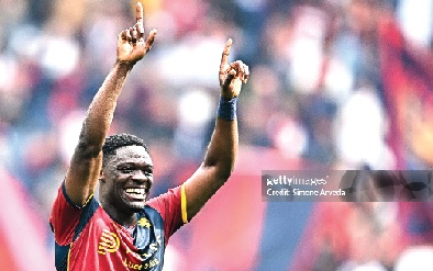 Genoa's Ghanaian forward Caleb Ekuban celelbrating his winning goal in their 2-1 victory over Sassuolo