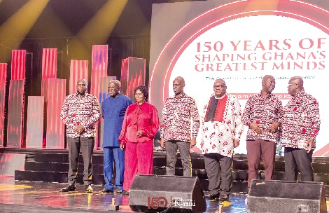Professor Naana Jane Opoku Agyemang (3rd from left), Vice-President, after launching the Mfantsipim @ 150 anniversary celebration. With her are Haruna Iddrisu (middle), Minister of Education; Moses Kwesi Baiden Jnr (2nd from right), Ebusuapanyin of Mfantsipim Old Boys Association; Sir Sam Jonah (2nd from left), Nana Sam Brew Butler (3rd from right) and Captain John Yamoah (left), Chairman of the 150th anniversary committee. Picture: BENEDICT OBUOBI