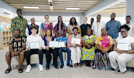 Rosalon Abigail Kyere-Nartey (middle), Executive Director of the Africa Dyslexia Organisation, and Dr Fatma Odaymat (3rd from left), Board Member and Director at AI-Rayan International School, Ghana, with some recipients of the Africa Dyslexia Organisation Ambassadors programme. Picture: ESTHER ADJORKOR ADJEI.
