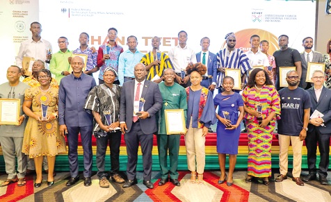Zakaria Sulemana (3rd from left), Director-General, Commission for Technical and Vocational Education and Training, with Prof. Amevi Acakpovi (5th from left), Vice-Chancellor, Accra Technical University, and the award winners after the ceremony. Picture: ELVIS NII NOI DOWUONA 