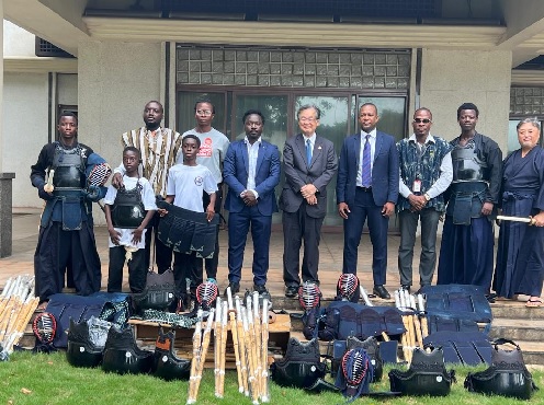 Hiroshi Yoshimoto (4th from right), Japanese Ambassador to Ghana; Sesi Dzakpasu (3rd from right) GKF President; and Joseph Ampoe (2nd from right), Sports Administrator at the NSA with other dignitaries