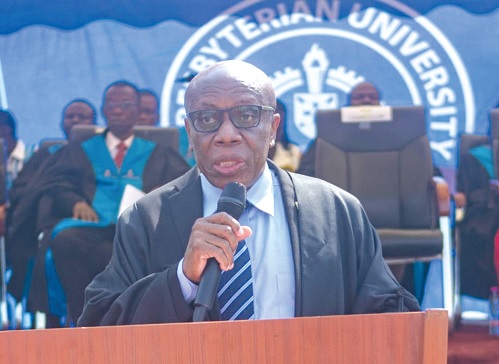 Professor John Ofosu-Anim (right), Vice-Chancellor of the Presbyterian University, Ghana, addressing fresh students