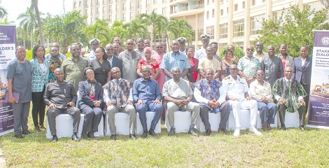 Dr Kamal-Deen Ali (seated 4th from left), Director-General, Ghana Maritime Authority, with Rear Admiral Ayo Olugbode (seated 4th from right), Vice-Chair, International Centre for Electronic Navigational Chats; Abraham Amaliba (seated middle), Director-General, GRSA, some dignitaries and other participants