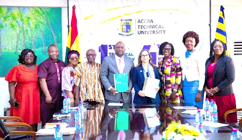 Prof. Amevi Acakpovi (5th from left), Vice-Chancellor, ATU, with Salomé Azevedo (4th from right), Managing Director, Nestle Ghana, and other officials after the signing of the MoU  