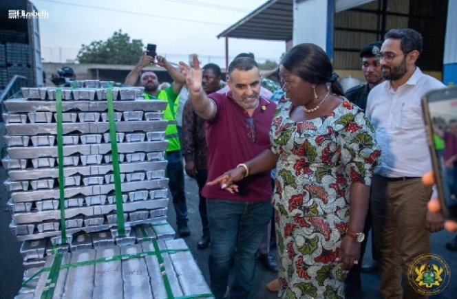 Mr Nidal Nasseredine (left), CEO of MND Metals guiding Mrs Elizabeth Ofosu-Adjare, Trade Minister during the tour