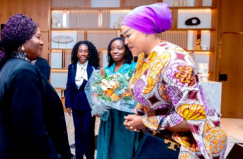 Vice-President Prof. Naana Jane Opoku-Agyemang (left) being welcomed by Kulsoume Sinare Baffoe, Ghana’s Ambassador to Spain, on her arrival in Barcelona, Spain