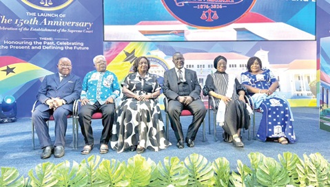 Justice Paul Baffoe-Bonnie (3rd from right), Chief Justice; Prof. Aaron Mike Oquaye (left), former Speaker of Parliament; Justice Yaw Apau (2nd from left), former Supreme Court judge; Justice Georgina Woode (3rd from left), former Chief Justice, and Justice Sophia Akuffo (2nd from right), former Chief Justice, at the launch