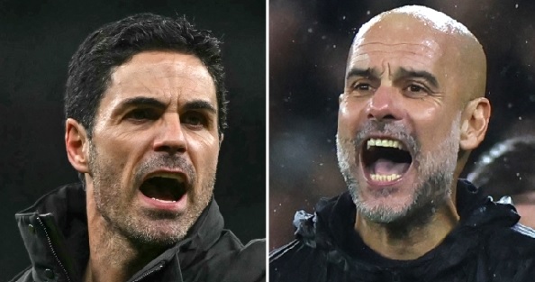 A combination of pictures of Arsenal’s Spanish manager Mikel Arteta (left) and Manchester City’s Spanish manager Pep Guardiola (right)