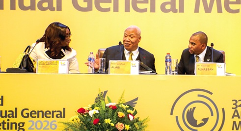 Prof. Joshua Alabi (middle), Board Chairman, GCB Bank PLC, interacting with Amma Agyeman Kusi-Appouh (left), Company Secretary, and Farihan Alhassan (right), Managing Director, GCB Bank PLC, at the 32nd AGM. Picture: ELVIS NII NOI DOWUONA 