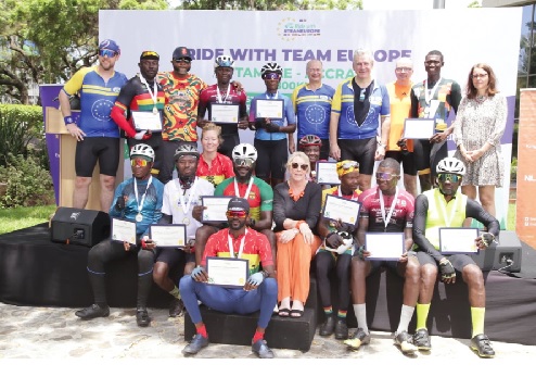 EU Ambassador Rune Skinnebach (fourth right) and Yaw Ampofo Ankrah (third left) join invited diplomats and members of the Gladiators Cycling Club for a group photo at the end of the competition