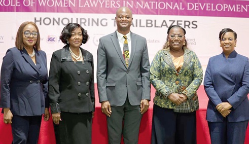 Sheila Minkah-Premo (left), GBA Women’s Forum President, Efua Gartey (2nd from left), GBA President, Prof. Atubiga (middle), Director, Ghana School of Law, Nana Oye Bampo Addo (2nd from right), Chief of Staff, DCOP Lydia Donkor (right), Director CID at the First biennial Conference.