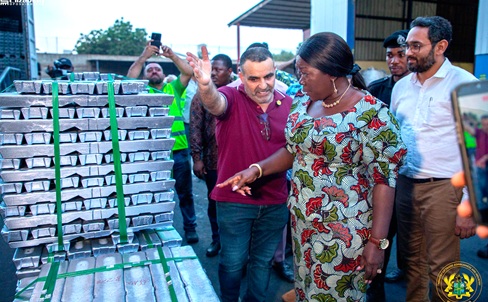 Nidal Nasseredine (left), CEO of MND Metals, explaining a point to Elizabeth Ofosu-Adjare (2nd from right), Minister of Trade, Agribusiness and Industry, during the tour