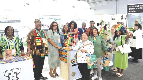 Ekow Sampson (2nd from left), Deputy CEO, Operations at GTA, leading the celebration of Fugu Wednesday at WTM Africa