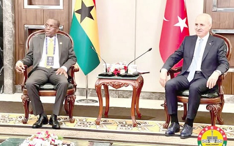 Alban Sumana Kingsford Bagbin (left), Speaker of Parliament, holding bilateral meetings with Numan Kurtulmuş, Speaker of the Turkish Parliament, as part of the side events of the ongoing IPU conference