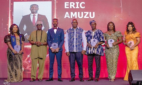The five COT qualifiers displaying their award shields. With them is Emmanuel Mokobi (2nd from left),  Prudential Africa CEO, and a Board Member of Prudential Life Insurance Ghana