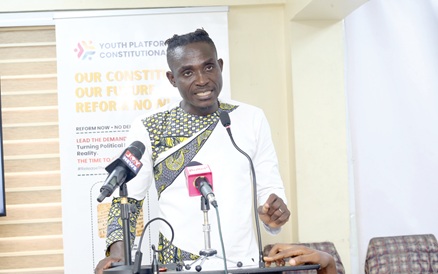 Kirdruff Atengble, Spokeperson of the Youth Platform, addressing the press conference in Accra. Picture: BENEDICT OBUOBI