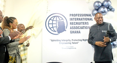 Dr Abdul Rashid Hassan Pelpuo (right), the Minister of Labour, Jobs and Employment, launching the association. Applauding are Hamidu Adakrugu (left), the Chief Director, Ministry of Labour, Jobs and Employment; Juliette Bynoe-Sutherland (2nd from left), the Barbados High Commissioner to Ghana, and Charles Allan Kwenin (2nd from right), President, PIRAG. Picture: ERNEST KODZI 