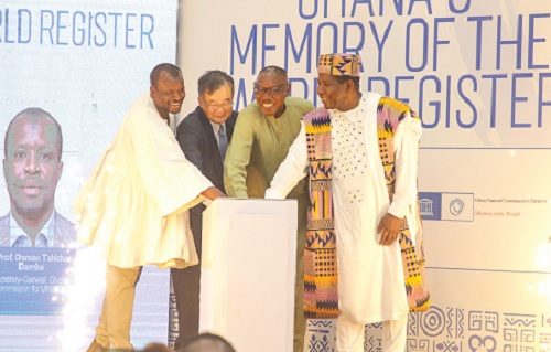 Dr Clement Apaak (2nd from right), Deputy Education Minister, with Edmond Moukala (right), UNESCO Representative to Ghana; Yoshimoto Hiroshi (2nd from left), Japan Ambassador to Ghana, and Osman Tahidu Damba (left), Secretary‑General of the Ghana Commission for UNESCO, launching the Ghana Memory of World Register Picture: CALEB VANDERPUYE