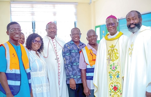 FROM LEFT TO RIGHT: Victor Awumee, CEO, Lumen Energy, Portia Felice Mensah, Headmistress, Bishop Gabriel Edoe Kumordji, Togobo Ahiataku, head of Technical Consultant to the project, Francis Dzata, Board member, Lumen Energy, Archbishop Bonaventure Kwofie and Rev. Fr Ebenezer Akesseh, local manager for the school, after the inauguration of the system. INSET: The solar panels being laid