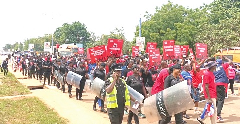 Some of the protestors on the principal streets of Sunyani