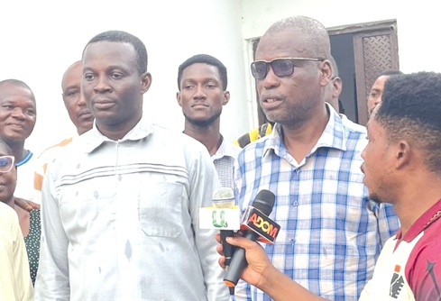 Sanja Nanja (right), the MP for Atebubu-Amantin, speaking to the media after the event. With him is Masud Thomas ( left), the MCE for Atebubu-Amantin. INSET one of the medical equipment