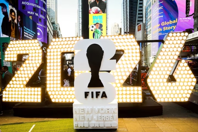 The New York/New Jersey's FIFA World Cup 2026 logo is revealed during the kickoff event in Times Square in New York City, U.S., May 18, 2023. REUTERS/Brendan McDermid/File Photo