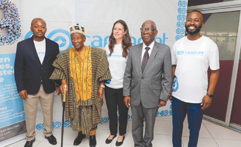 Naa Prof Edmund Nminyem Delle Chiir VIll (2nd from left), Founder of Rabito Clinic and Paramount Chief of Nandom Traditional Area, with Dr Sangu Delle (right), Chairman and CEO of CarePoint; Aliza Monroe-Wise (middle), Chief Medical Officer, CarePoint,  and some dignitaries after the launch. Picture: ELVIS NII NOI DOWUONA