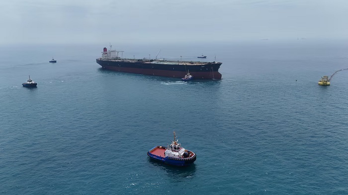 Drone view of oil tanker HELGA berthed at one of Iraq's southern offshore oil terminals near Basra as it prepares to load crude oil, becoming the second vessel to arrive since the closure of the Strait of Hormuz, April 24, 2026. REUTERS/Mohammed Aty
