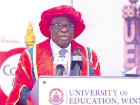 Neenyi Ghartey VII (inset), Chancellor, University of Education, Winneba, addressing the graduates