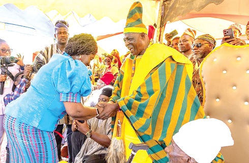 Professor Naana Jane Opoku-Agyemang (left), Vice-President, exchanging pleasantries with Naa Pograninge Saakoe Mornah III, Paramount Chief of Sankana, at the ceremony