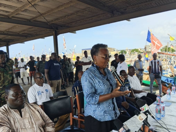 Ms Emelia Arthur, Minister for Fisheries and Aquaculture speaking to the fishers and other stakeholders