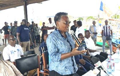 Emelia Arthur (right), Minister of Fisheries and Aquaculture, speaking to the fishers and other stakeholders