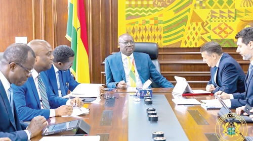 Dr Cassiel Ato Forson (head of table), Minister of Finance, having dicussions with the IMF team in Accra