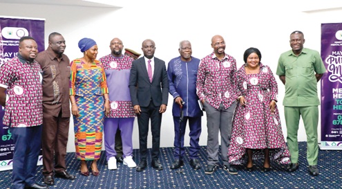 Dr Dan Bazanndut (middle), Board Chairman, Mental Health Authority; Dr Eugene Dordoye (3rd from right), Chief Executive Officer, Mental Health Authority; Professor Joseph Bediako Asare (4th from right), former Chief Executive Officer, Mental Health Authority, and some officials. Picture: ELVIS NII NOI DOWUONA 