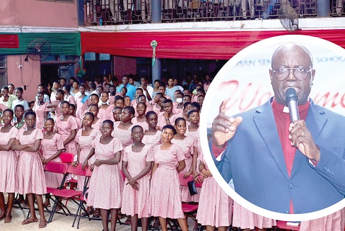 Rt. Rev. Dr Abraham Nana Opare Kwakye (inset), Moderator of Presbyterian Church of Ghana, addressing the students at Be chem Presby SHS