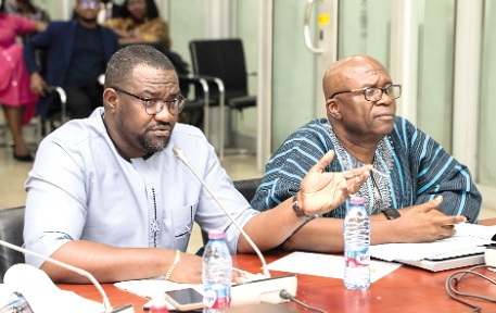 John Dumelo (left), Deputy Minister of Food and Agriculture, responding to questions from the committee. With him is Paul Siameh, Chief Director, Ministry of Food and Agriculture. Picture: ELVIS NII NOI DOWUONA 
