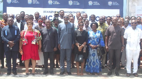 Dr Kamal-Deen Ali (4th from left), GMA Director-General; Richard Fiedeley (3rd from left), Director-General of Administration at the Ministry of Transport; Janet Houghman-Addy (2nd from left), acting Director of Maritime Services Division, and Joseph Kwame Kumah (left), MP for Kintampo North, with other participants in the forum. Picture: ESTHER ADJORKOR ADJEI