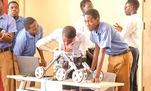 A team from the Presbyterian Boys SHS, Legon, carrying out their project during the Academic City Tech Expo