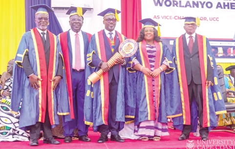 From left: Gideon Enoch Abbeyquaye, Registrar, UCC; Sir Sam Esoun Jonah, Chancellor, UCC; Prof. Denis Worlanyo Aheto, VC, UCC; Prof. Christine Adu-Yeboah, acting Pro-VC, UCC, and William Anaam Atuguba, Chairman, UCC Governing Council, after swearing in the new VC