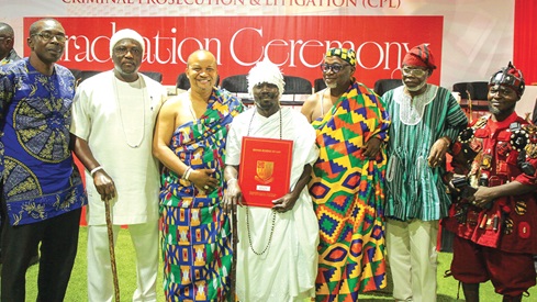 Nii Ahene Nunoo III (3rd from right), Abola Mantse, with Nuumo Kofi Okassa Diaka II (middle), Wulomo of the Ga Traditional Area who graduated from the CPL programme; Nii Adote Odaawulu I (3rd from left), Sempe Akweiman Mantse, and other dignitaries after the event Picture: CALEB VANDERPUYE